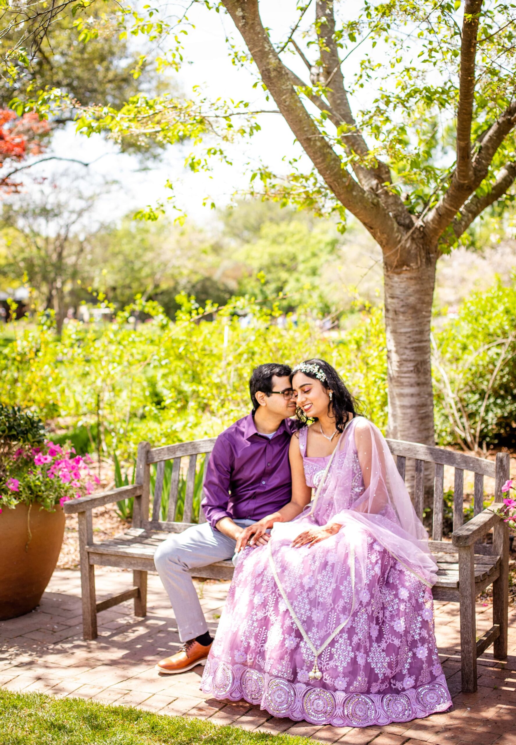 Spring Dallas Arboretum Engagement Session Sitting on the Bench