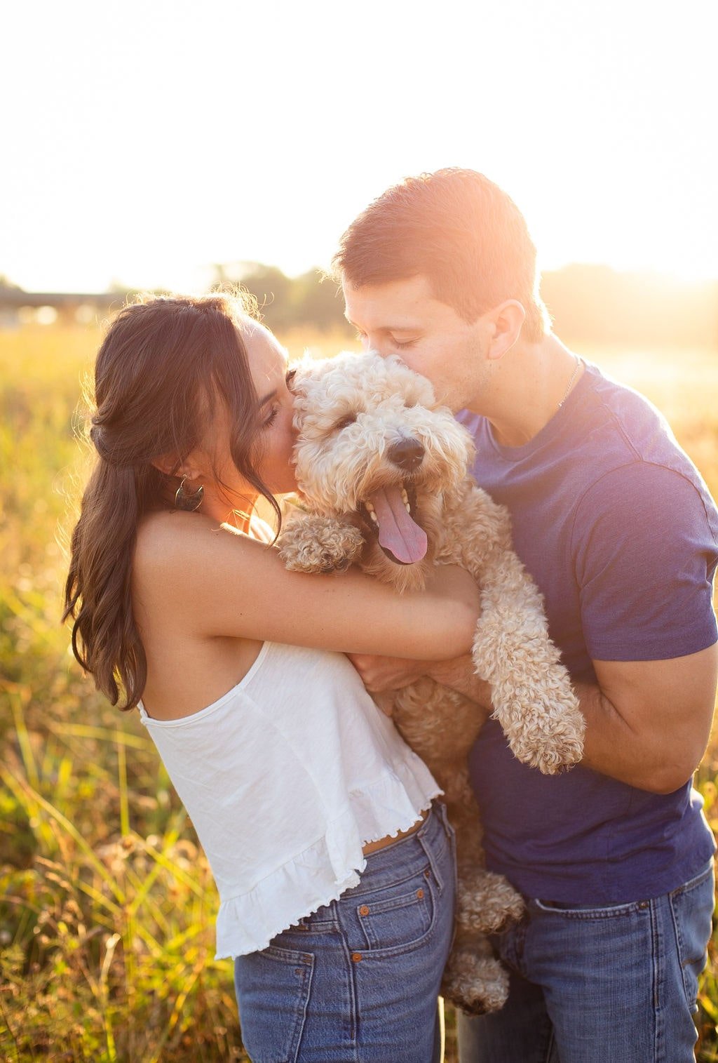 Couple with Dog at White Rock Engagement session at sunrise