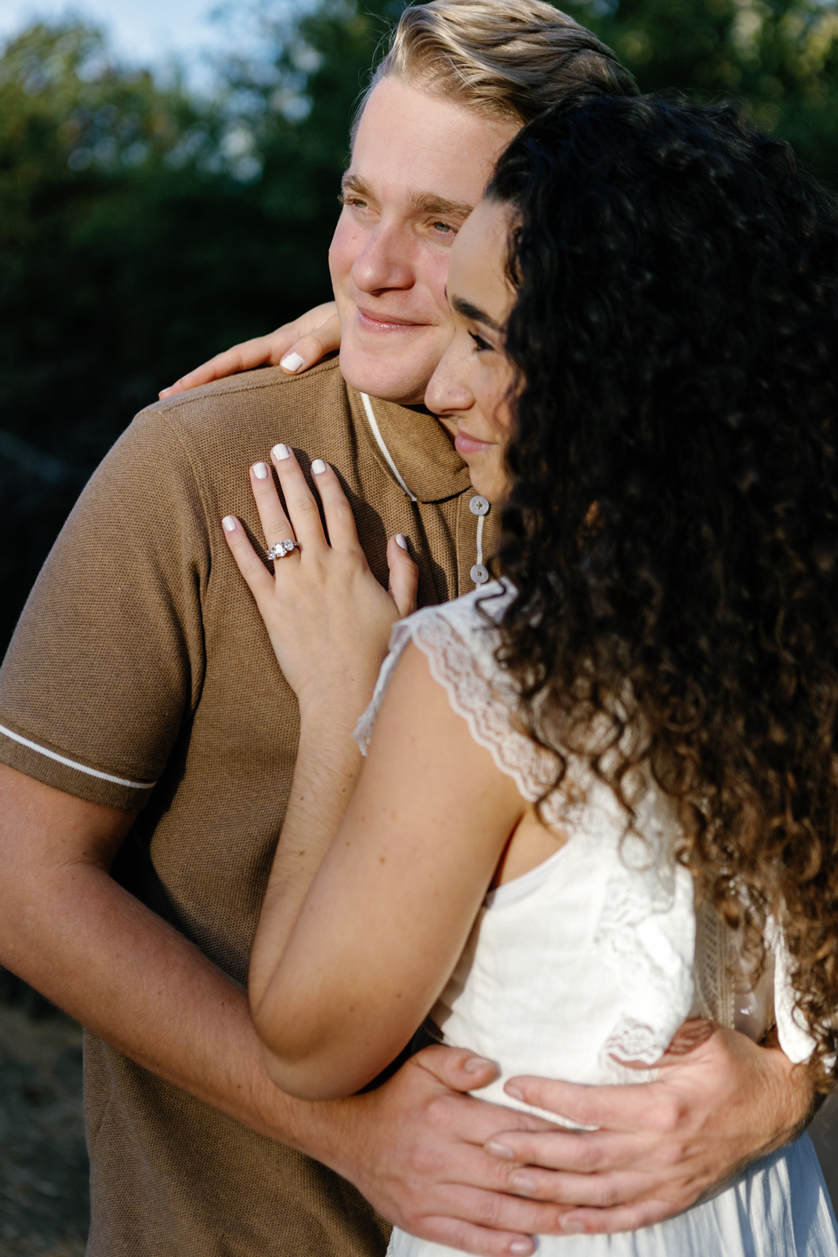 Film inspired engagement photo in harsh sunlight California engagement session